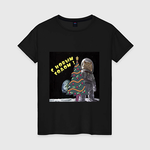 Женская футболка Кот в скафандре с ёлкой / Черный – фото 1