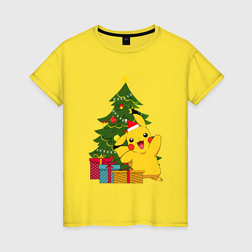 Женская футболка Новогодний Пикачу и елка / Желтый – фото 1