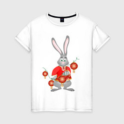 Футболка хлопковая женская Черный водяной кролик в красной рубахе, цвет: белый