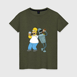 Футболка хлопковая женская Drunk Homer and Bender, цвет: меланж-хаки