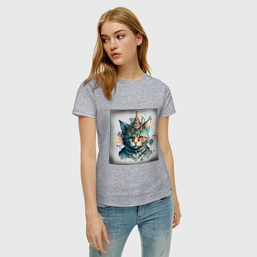Женская футболка Абстрактный акварельный кот с колпаком и брызгами / Меланж – фото 3