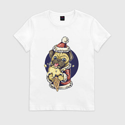 Футболка хлопковая женская Новогодний мопс с мороженым, цвет: белый