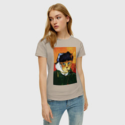 Футболка хлопковая женская Кот Ван Гога портрет с отрезанным ухом - пародия, цвет: миндальный — фото 2