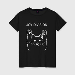 Футболка хлопковая женская Joy Division рок кот, цвет: черный