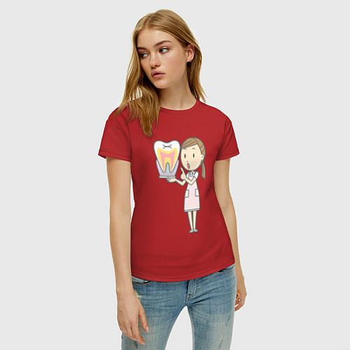 Женская футболка Стоматолог показывает на зуб / Красный – фото 3