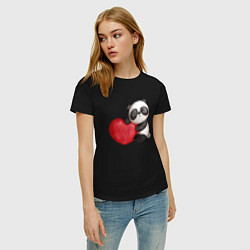 Футболка хлопковая женская Панда с красным сердцем, цвет: черный — фото 2