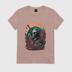 Футболка хлопковая женская Череп скелета самурая, цвет: пыльно-розовый