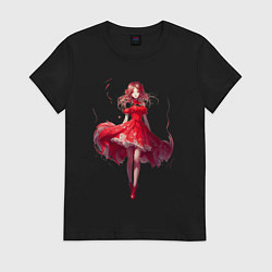 Футболка хлопковая женская Аниме девушка в красном платье, цвет: черный