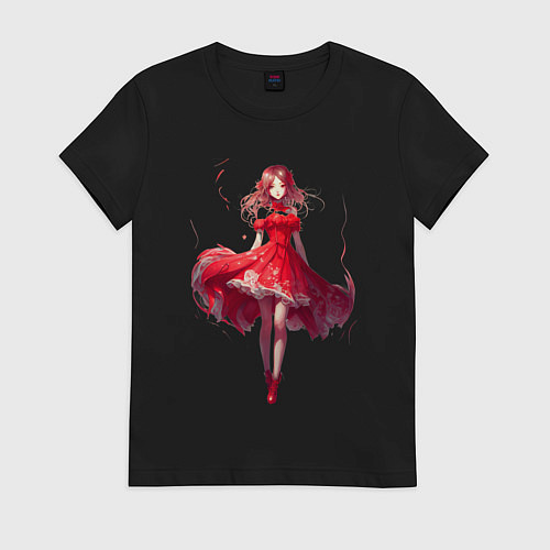 Женская футболка Аниме девушка в красном платье / Черный – фото 1