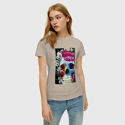 Женская футболка Череп с цветами и радугой / Миндальный – фото 3