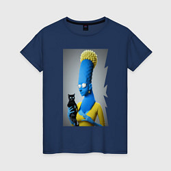Футболка хлопковая женская Marge Simpson and black cat - нейросеть - fantasy, цвет: тёмно-синий
