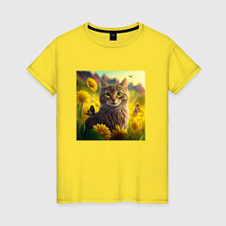 Футболка хлопковая женская Зеленоглазый котик, цвет: желтый