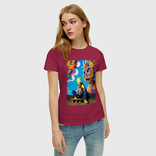 Женская футболка Барт Симпсон на фоне граффити - нейросеть / Маджента – фото 3