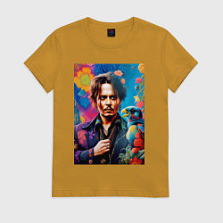 Футболка хлопковая женская Джонни Депп - нейросеть - джунгли, цвет: горчичный