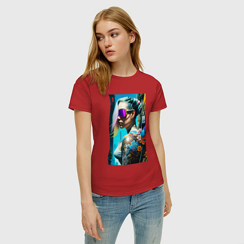 Женская футболка Brave girl - cyberpunk - neural network / Красный – фото 3