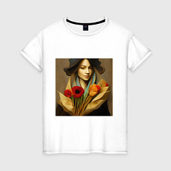 Футболка хлопковая женская Девушка с цветами в стиле экспрессионизм, дизайн 1, цвет: белый