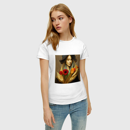 Женская футболка Девушка с цветами в стиле экспрессионизм, дизайн 1 / Белый – фото 3