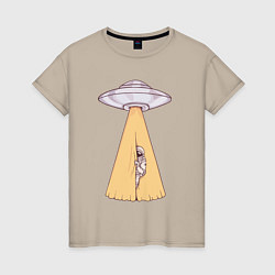 Футболка хлопковая женская Космонавт и НЛО, цвет: миндальный