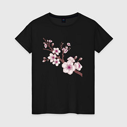Футболка хлопковая женская Ветка сакуры - весна - Япония, цвет: черный