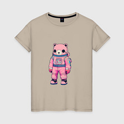 Футболка хлопковая женская Розовый мишка космонавт, цвет: миндальный