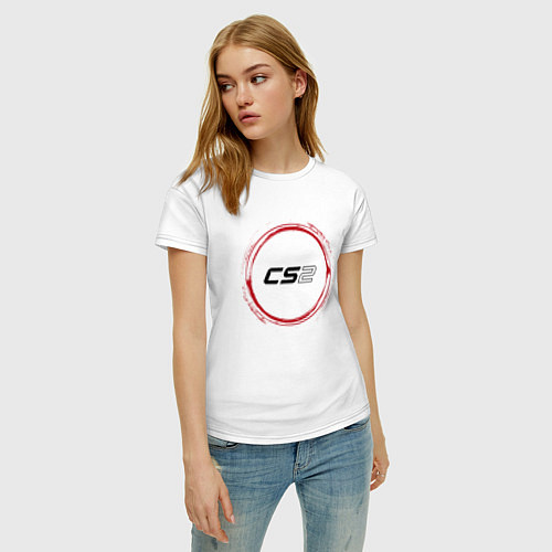Женская футболка Символ Counter Strike 2 и красная краска вокруг / Белый – фото 3