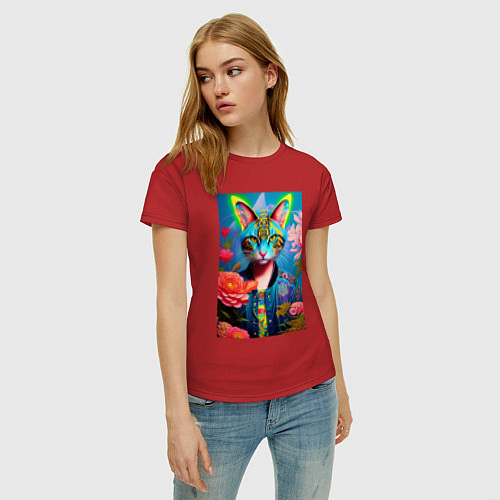 Женская футболка Кошачья мода - нейросеть - живопись / Красный – фото 3