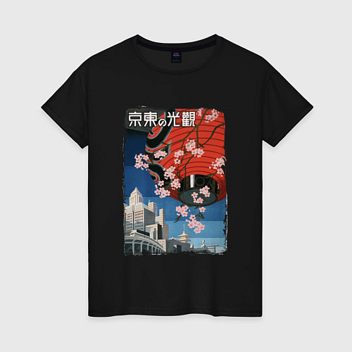 Женская футболка Японский винтажный фонарик / Черный – фото 1
