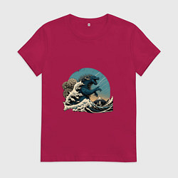 Футболка хлопковая женская Годзилла в Большой волне у Канагавы, цвет: маджента