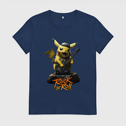 Футболка хлопковая женская Пикачу рокер с гитарой, цвет: тёмно-синий