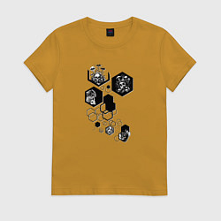 Футболка хлопковая женская Грибы и психоделические существа, цвет: горчичный