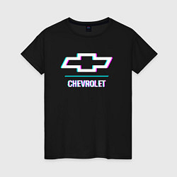 Футболка хлопковая женская Значок Chevrolet в стиле glitch, цвет: черный