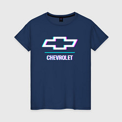 Футболка хлопковая женская Значок Chevrolet в стиле glitch, цвет: тёмно-синий