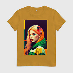 Футболка хлопковая женская Поп арт девушка в японском стиле, цвет: горчичный