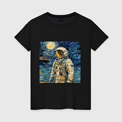 Футболка хлопковая женская Космонавт на луне в стиле Ван Гог, цвет: черный