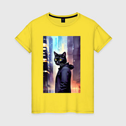 Футболка хлопковая женская Чёрный котяра житель Нью-Йорка, цвет: желтый
