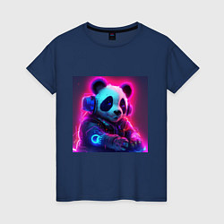 Футболка хлопковая женская Диджей панда в свете неона, цвет: тёмно-синий