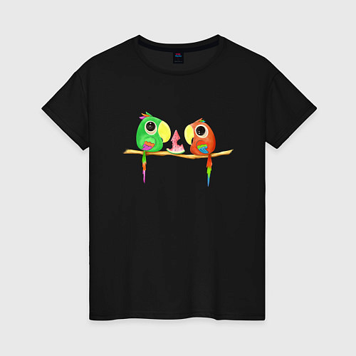 Женская футболка Попугайчики и арбуз / Черный – фото 1