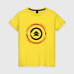 Футболка хлопковая женская Символ Ghost of Tsushima и красная краска вокруг, цвет: желтый