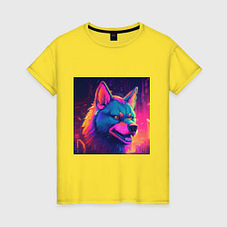 Футболка хлопковая женская Волк в неоновом свете, цвет: желтый