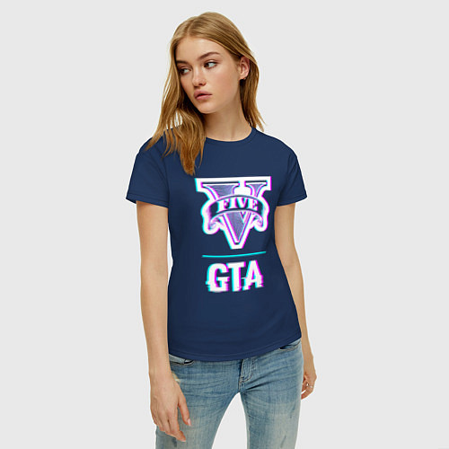 Женская футболка GTA в стиле glitch и баги графики / Тёмно-синий – фото 3