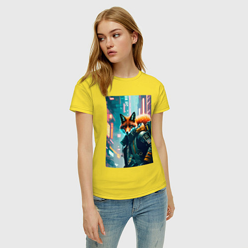 Женская футболка Лисица в большом городе - киберпанк / Желтый – фото 3