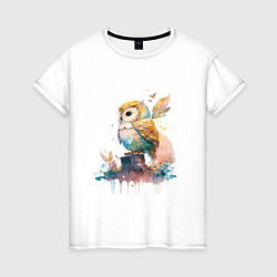 Футболка хлопковая женская Акварельная милая сова, цвет: белый