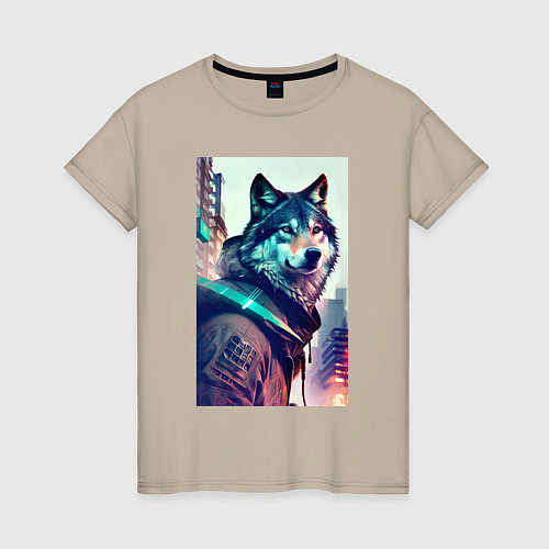 Женская футболка Волк - житель мегаполиса / Миндальный – фото 1