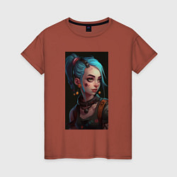 Футболка хлопковая женская Jinx art Arcane League of Legends, цвет: кирпичный