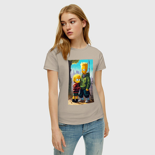 Женская футболка Барт Симпсон с Мэгги в мегаполисе / Миндальный – фото 3