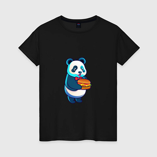 Женская футболка Милая панда с чизбургером / Черный – фото 1