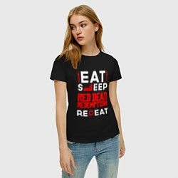Футболка хлопковая женская Надпись eat sleep Red Dead Redemption repeat, цвет: черный — фото 2