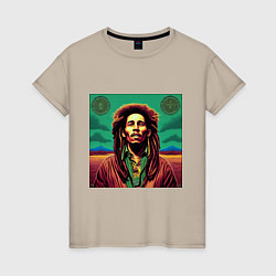 Футболка хлопковая женская Digital Art Bob Marley in the field, цвет: миндальный