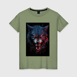 Футболка хлопковая женская Агрессивный злой волк, цвет: авокадо