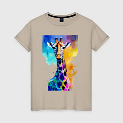 Футболка хлопковая женская Маленький жирафёнок - Африка - акварель, цвет: миндальный